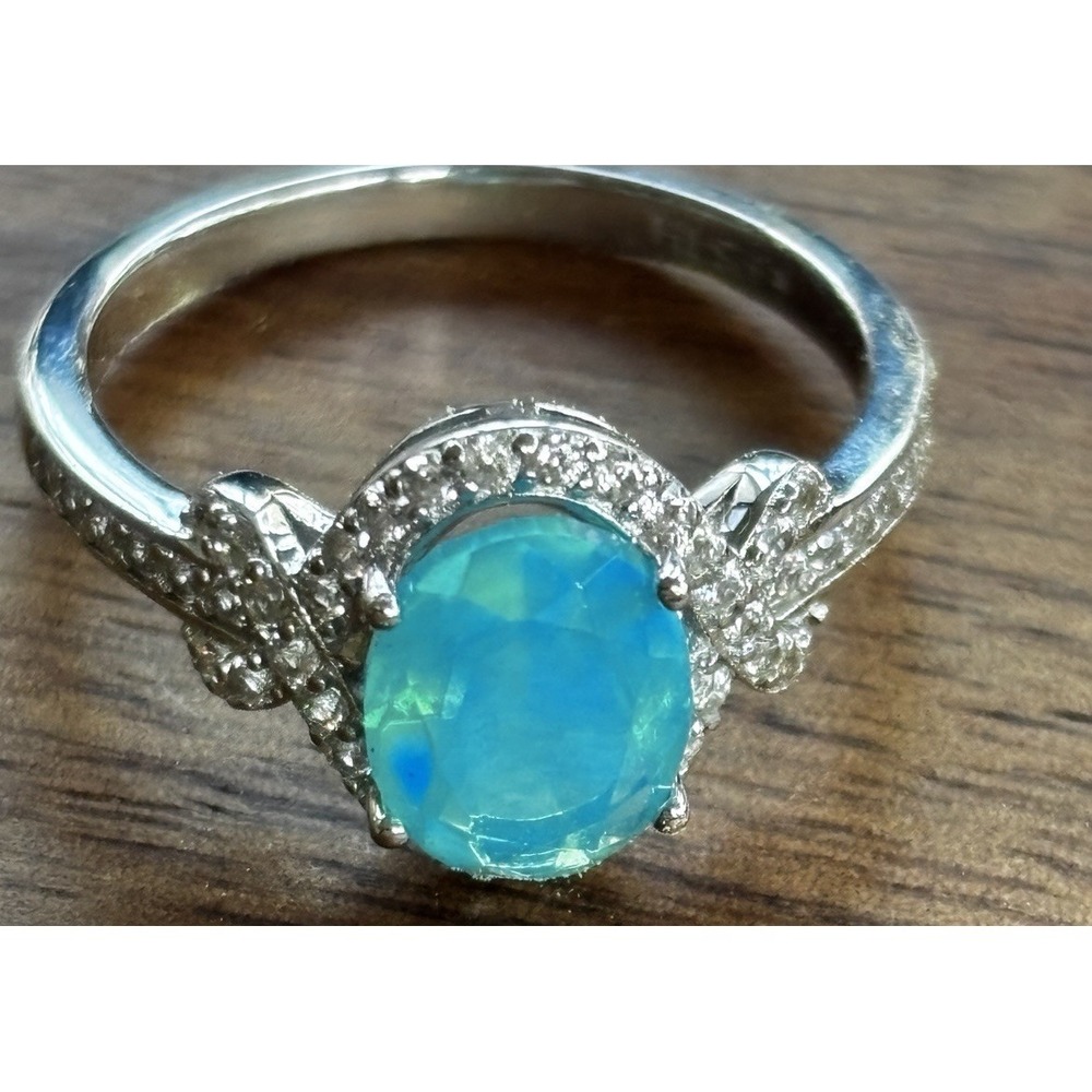 Silver Ring with Blue Opal Center and Pavé Accents